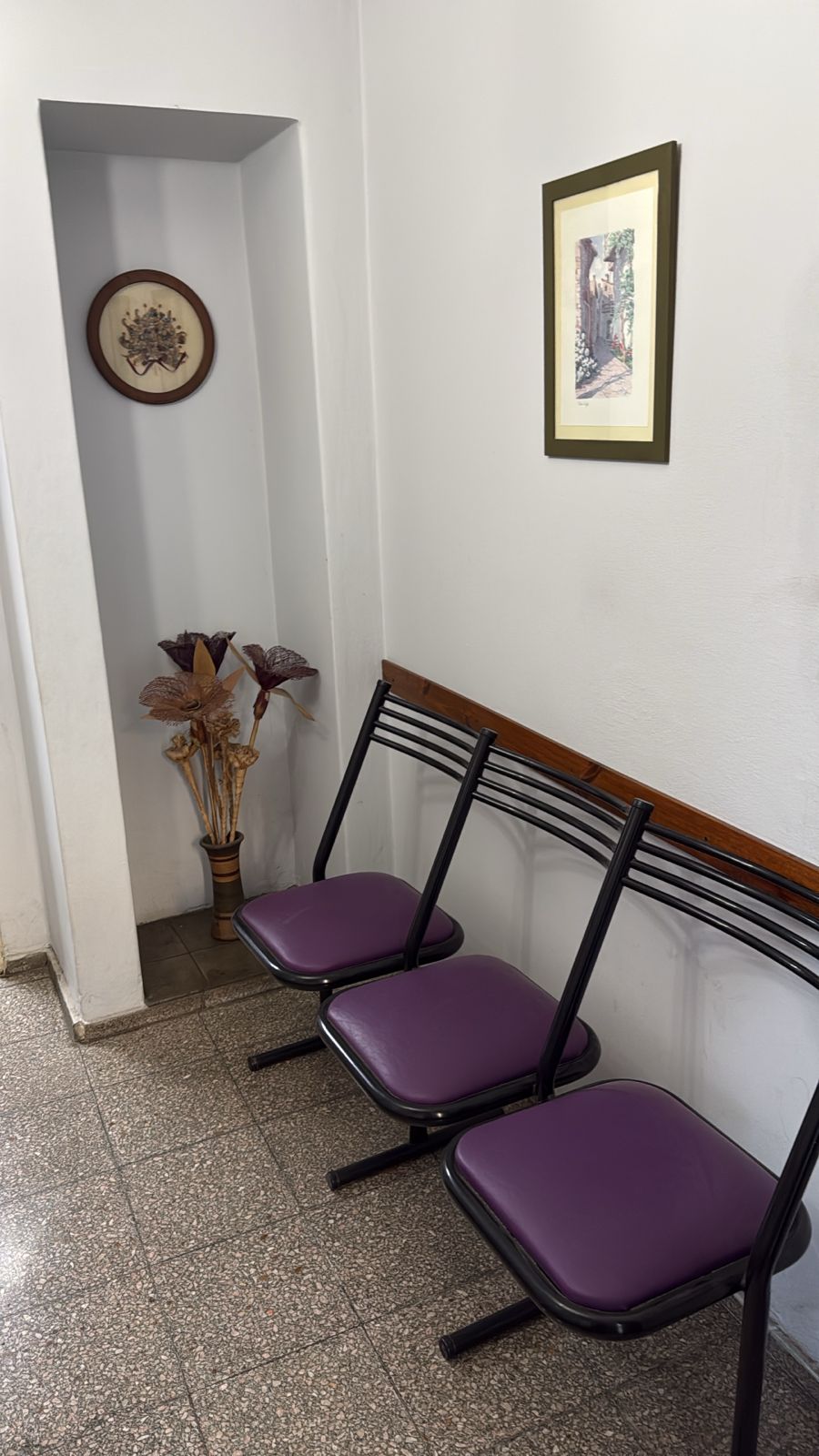 Sala de espera del consultorio: butacas en tono violeta, cuadro decorativo y plantita junto al perchero